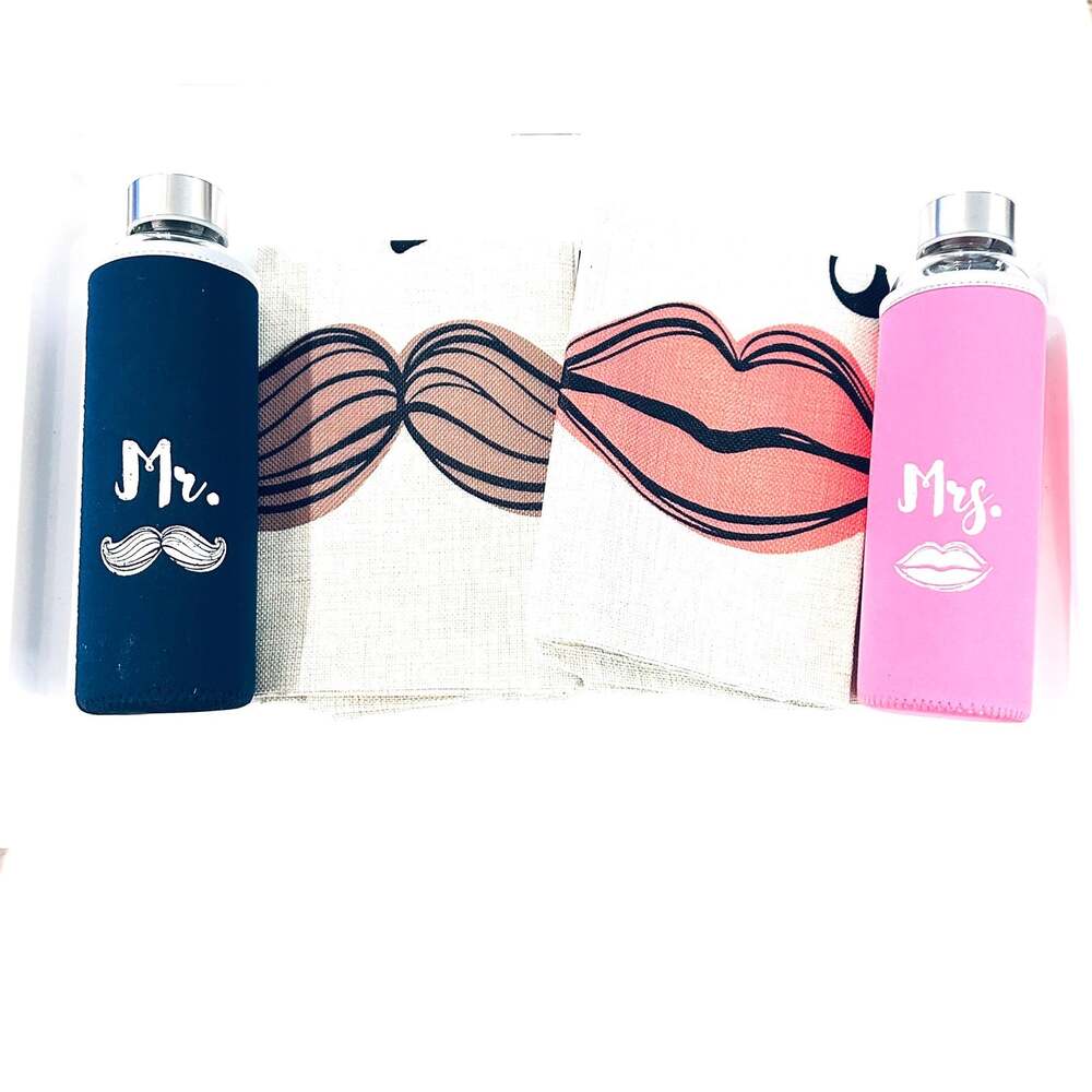 Mr & Mrs Glass Water Bottles and Pillow Cases